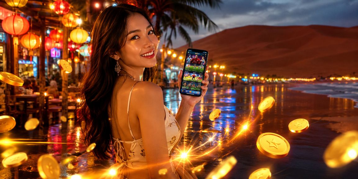 Người chơi cá cược thể thao tại chợ đêm Mũi Né dùng điện thoại đặt kèo bóng đá